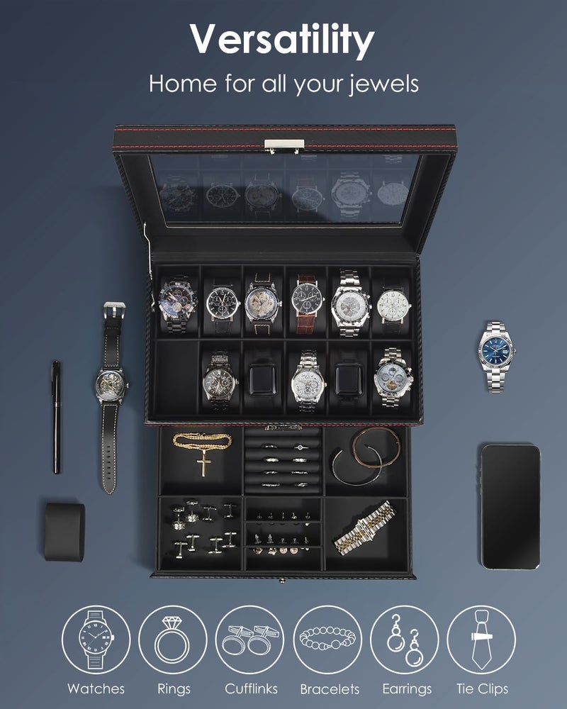Kukikan Watch Box Jewelry Organizer, 12-Slot 2-Layer Watch Case Storage with Large Glass Lid, Watch Storage Case for Men with Lock, Watch Holder Display Case, Gift for Men Women - Image 4